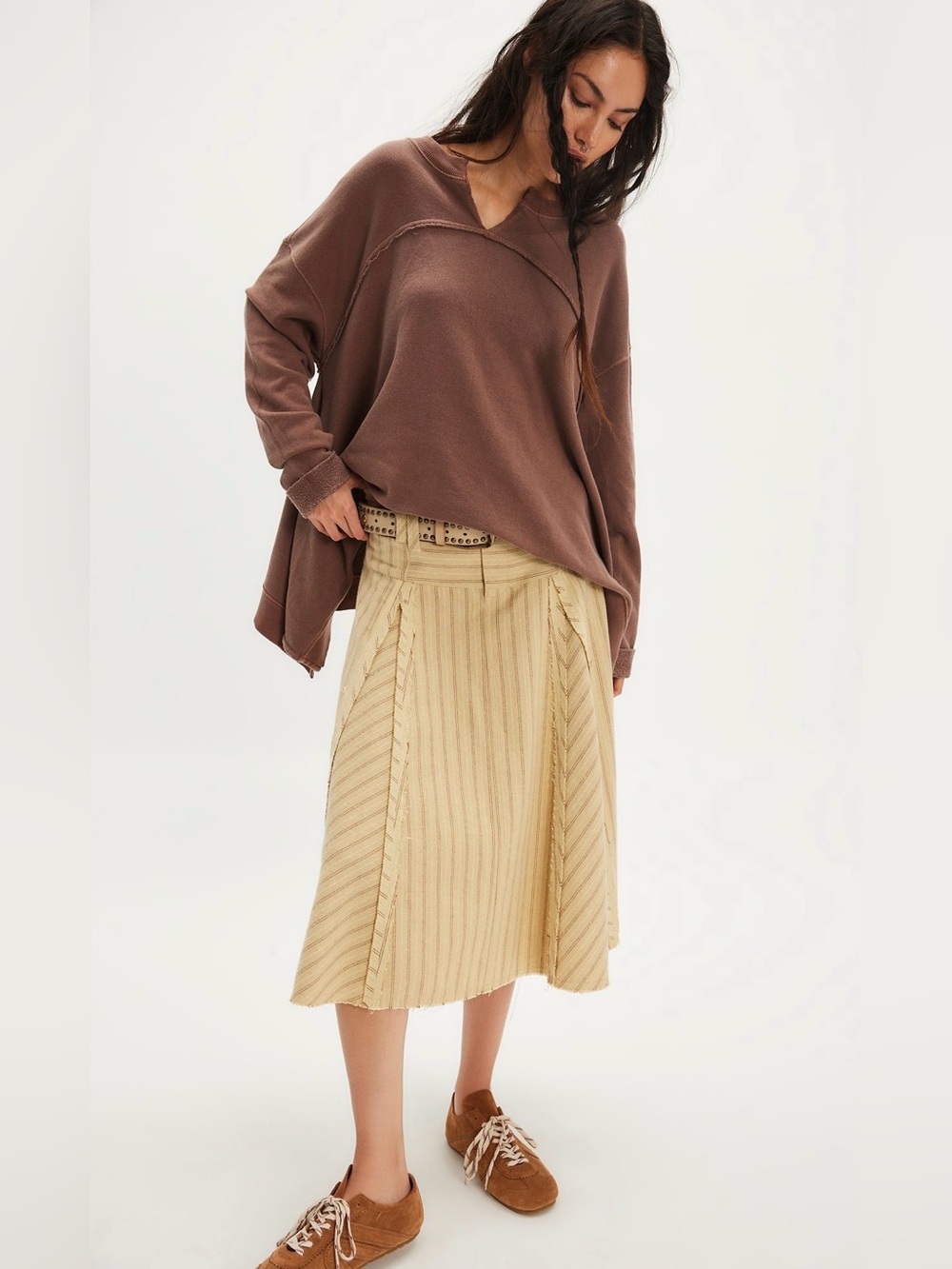 NWT Free People Cascade Sweatshirt Spiked Chocolate Slouchy Raw Hem Boho S - Picture 3 of 10